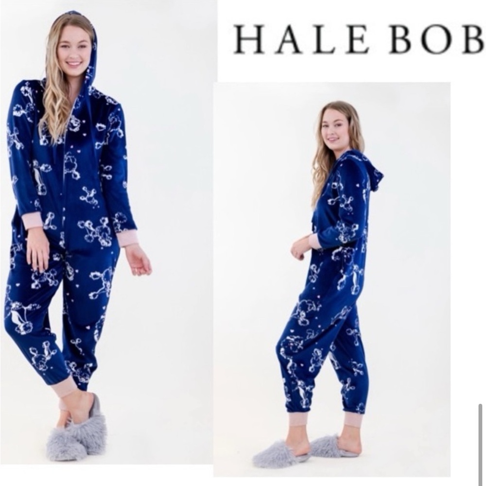 Hale Bob Onesie Zip Up‎ Hoodie Pajamas with Poodle Print Size medium Navy Blue